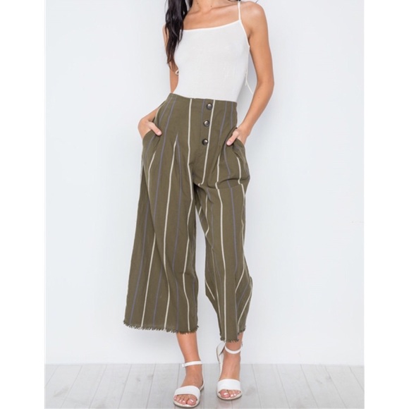 OLIVE STRIPE HIGH-WAIST WIDE LEG BOHO PANTS - Picture 4 of 5